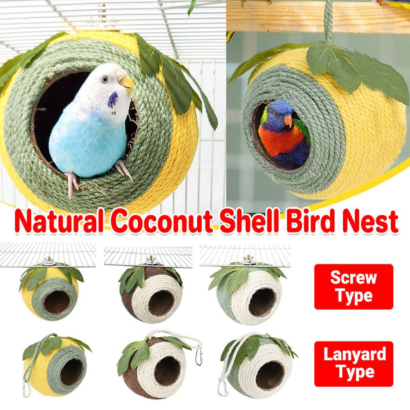 Bird Nest Parrot Nest Coconut Shell Braided Twine Colourful Cage Hanging Bed - White - Brown - Screw Model - RnR Galore