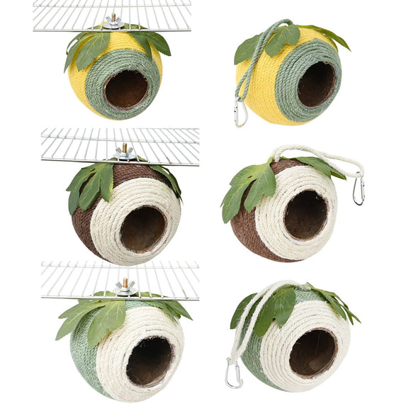 Bird Nest Parrot Nest Coconut Shell Braided Twine Colourful Cage Hanging Bed - White - Brown - Screw Model - RnR Galore