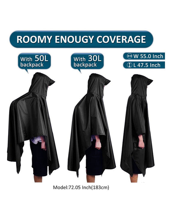 Black 3 - in - 1 Multifunctional Outdoor Rain Poncho - Ground Mat & Shelter - Lightweight & Waterproof for Hiking & Camping - RnR Galore