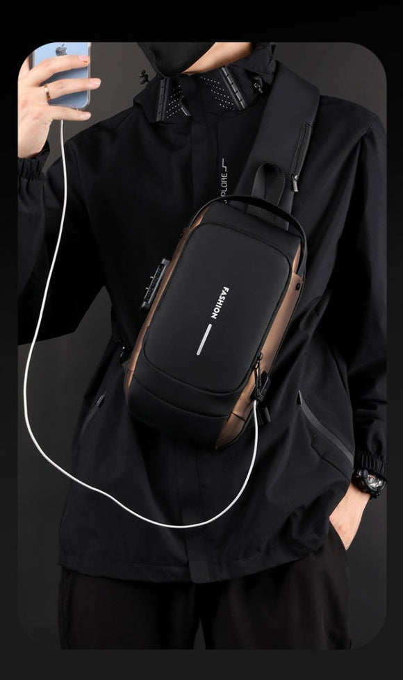Black and Brown Men's Anti - Theft Crossbody Sling Bag with USB Charging Port & Combination Lock - RnR Galore