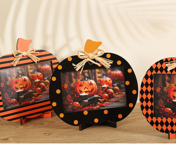 Black and Orange Plaid Pattern Festive Pumpkin Photo Frame - Rustic Halloween Tabletop Picture Holder - RnR Galore