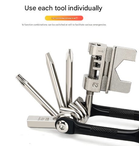 Black and Silver 16 in 1 Bicycle Repair Multi Tool - Compact Folding Bike Tool Kit with Chain Breaker for MTB Road Cycling - RnR Galore
