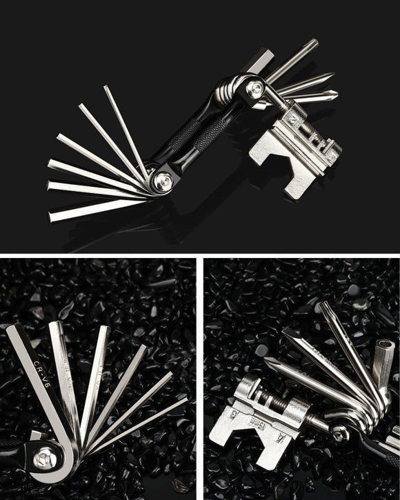 Black and Silver 16 in 1 Bicycle Repair Multi Tool - Compact Folding Bike Tool Kit with Chain Breaker for MTB Road Cycling - RnR Galore