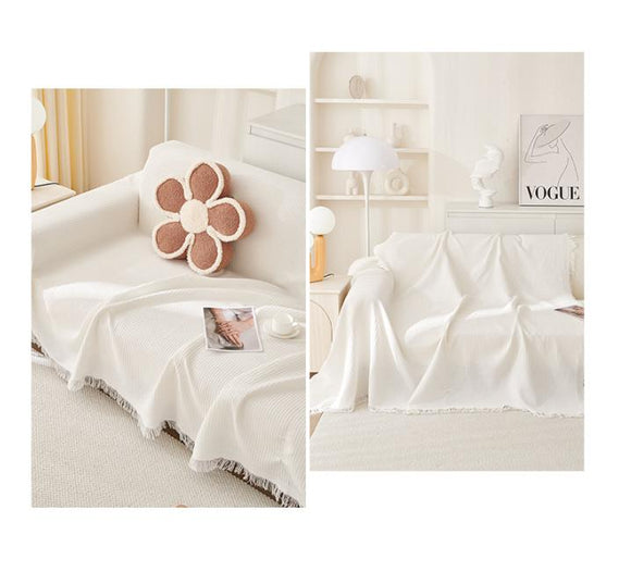 Black and white Ball Pattern Soft Waffle Weave Throw Blanket - Boho Style Cotton Blend Sofa Cover with Fringe 180x340cm - RnR Galore