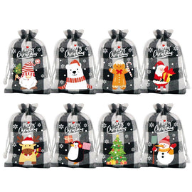 Black and white checkered Christmas Gift Drawstring Bags Set - Festive Burlap Style Pouches for Candy & Apples - Holiday Decoration - 10 Pcs - RnR Galore