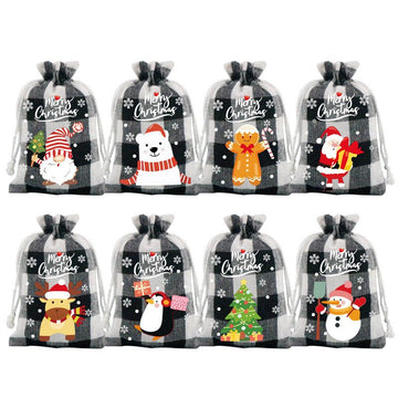 Black and white checkered Christmas Gift Drawstring Bags Set - Festive Burlap Style Pouches for Candy & Apples - Holiday Decoration - 10 Pcs - RnR Galore