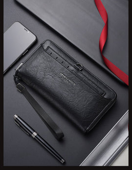 Black Classic Long Zipper Wallet Clutch - Large Capacity PU Leather Phone & Card Holder with Wrist Strap - RnR Galore