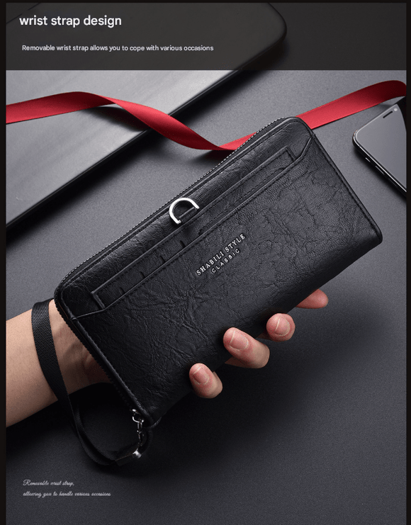 Black Classic Long Zipper Wallet Clutch - Large Capacity PU Leather Phone & Card Holder with Wrist Strap - RnR Galore
