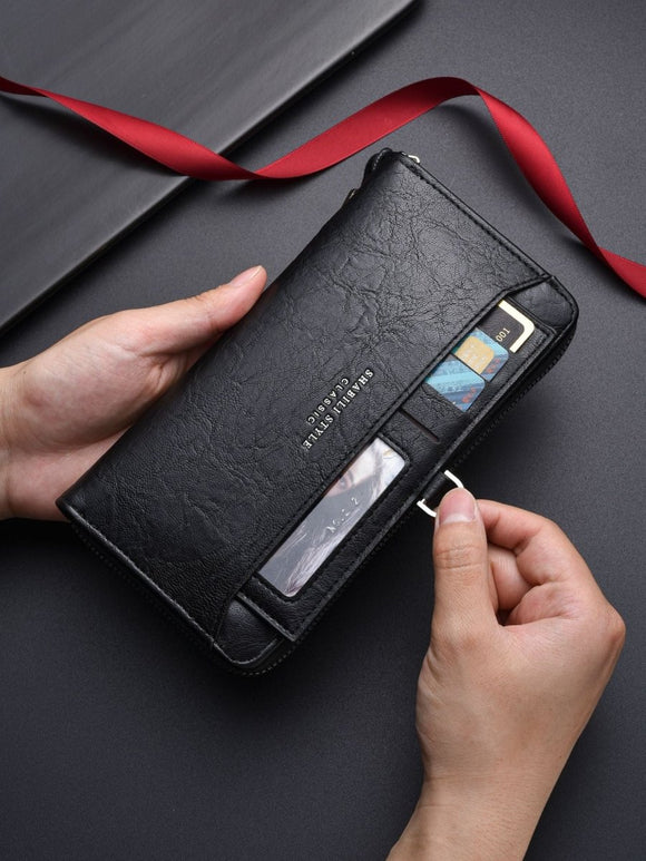 Black Classic Long Zipper Wallet Clutch - Large Capacity PU Leather Phone & Card Holder with Wrist Strap - RnR Galore