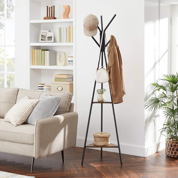 Black Coat Rack Stand Industrial Style 2 Shelves Clothes - RnR Galore
