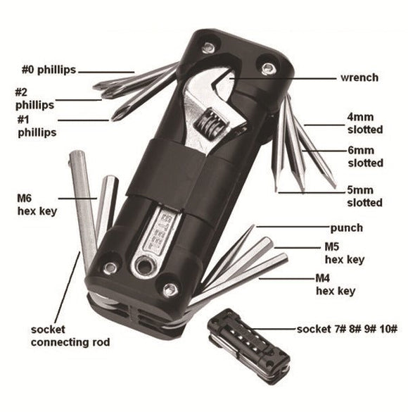 Black Compact 16 - in - 1 Bicycle & Motorcycle Repair Multi - Tool with Adjustable Wrench & Socket Set - RnR Galore