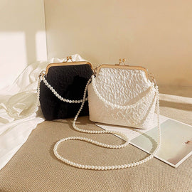 Black Elegant Vintage Kiss - Lock Purse with Pearl Straps - Textured Frame Clutch Bag - RnR Galore