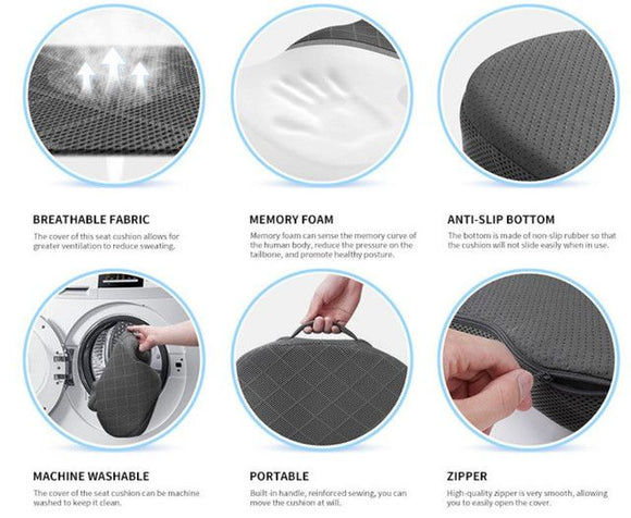 Black Ergonomic Memory Foam U - Shaped Seat Cushion - Breathable Orthopedic Pressure Relief Pillow with ZIpper Cover & Handle (45 x 36 CM) - RnR Galore