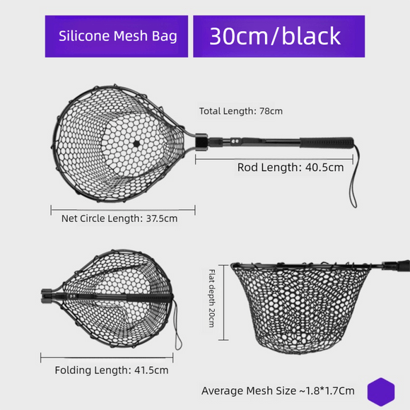 Black High Strength Large Landing Net - Fishing Net with Foldable Handle and Soft Rubber Netting, Dip Net for Fishing, Ideal for Boat, Pier, River Angling - RnR Galore