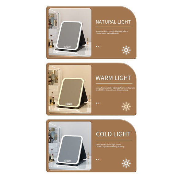 Black Large Foldable LED Makeup Mirror - Portable Desktop Vanity with 3 Color Lights, Stepless Dimming & Adjustable Stand - RnR Galore
