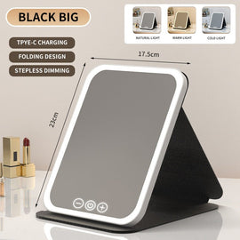 Black Large Foldable LED Makeup Mirror - Portable Desktop Vanity with 3 Color Lights, Stepless Dimming & Adjustable Stand - RnR Galore