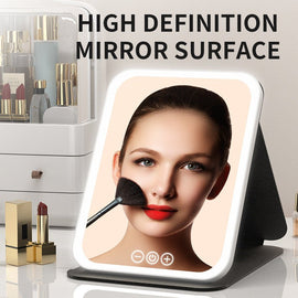 Black Large Foldable LED Makeup Mirror - Portable Desktop Vanity with 3 Color Lights, Stepless Dimming & Adjustable Stand - RnR Galore