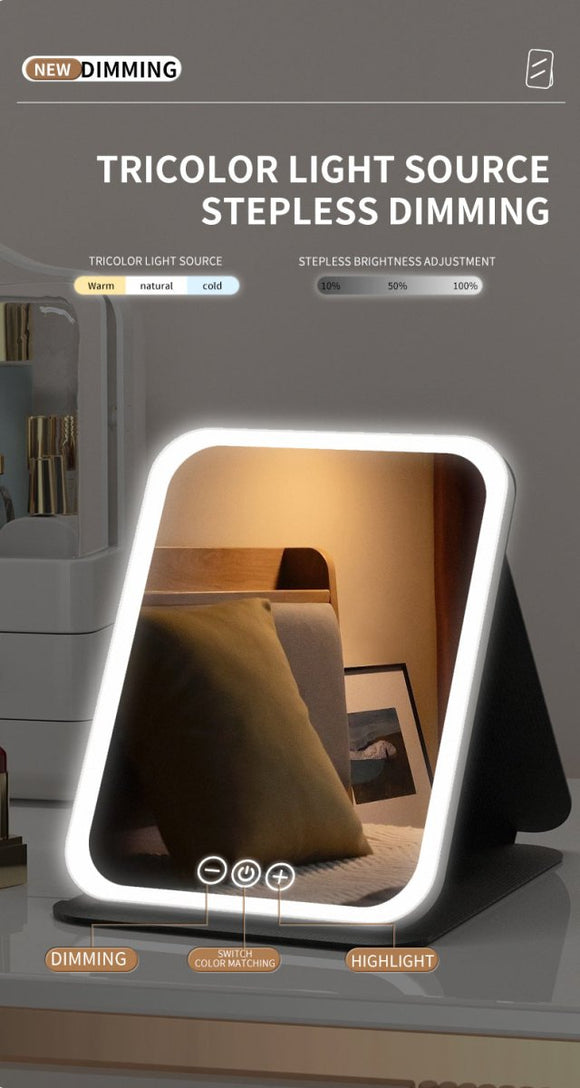 Black Large Foldable LED Makeup Mirror - Portable Desktop Vanity with 3 Color Lights, Stepless Dimming & Adjustable Stand - RnR Galore