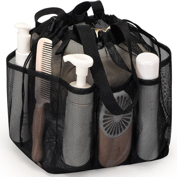 Black Large Multi - Pocket Mesh Beach Tote Bag - Quick - Dry Travel & Gym Organizer with Drawstring Closure - RnR Galore