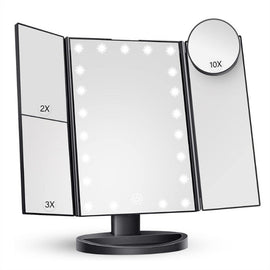 Black LED Lighted Tri - Fold Vanity Mirror with 2X/3X/10X Magnification - RnR Galore
