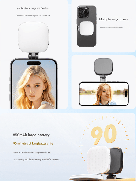 Black Magnetic Foldable Selfie Light with Mirror - Rechargeable LED Fill Light for iPhone & Android Vlogging(Mobile phone is a shooting prop and is not included) - RnR Galore