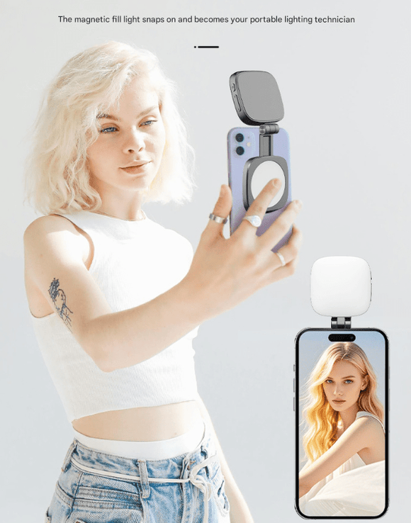 Black Magnetic Foldable Selfie Light with Mirror - Rechargeable LED Fill Light for iPhone & Android Vlogging(Mobile phone is a shooting prop and is not included) - RnR Galore