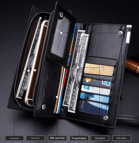 Black Men's Business Casual Long Wallet Clutch - PU Leather Large Capacity Phone & Card Holder with Wrist Strap - RnR Galore