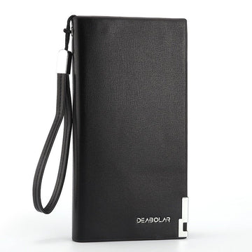 Black Men's Business Casual Long Wallet Clutch - PU Leather Large Capacity Phone & Card Holder with Wrist Strap - RnR Galore