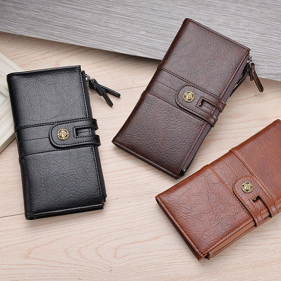 Black Men's Vintage PU Leather Long Wallet - High Capacity Dual Zipper Clutch with Phone & Card Slots - RnR Galore