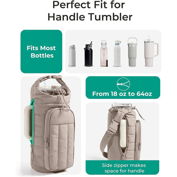 Black Nylon Quilted Insulated Water Bottle Bag for 18 - 64oz Flask - Lightweight Sports & Travel Puffer Shockproof Protective Pouch - RnR Galore