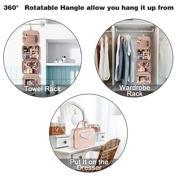 Black Portable Large Hanging Womens' Luxury PU Leather Cosmetic Bag - Waterproof Travel Toiletry Organizer , Easy Visibility & Durable - RnR Galore