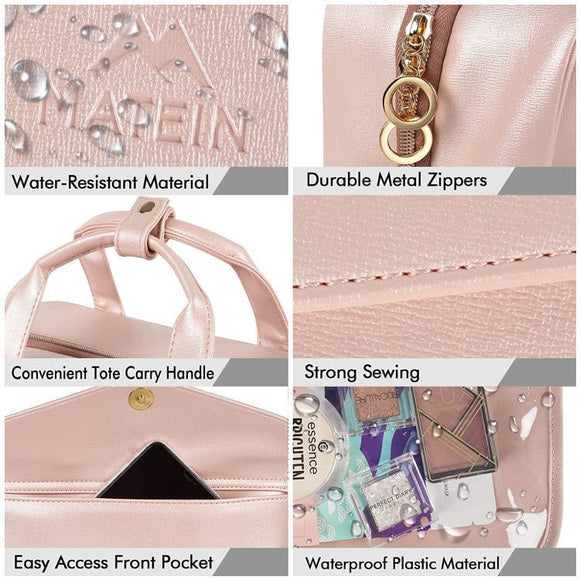Black Portable Large Hanging Womens' Luxury PU Leather Cosmetic Bag - Waterproof Travel Toiletry Organizer , Easy Visibility & Durable - RnR Galore