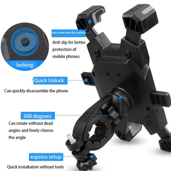 Black Secure Grip Bike Phone Mount - Adjustable 360 Rotation Bicycle Handlebar Holder, Universal Cradle for MTB & Road Cycling - RnR Galore
