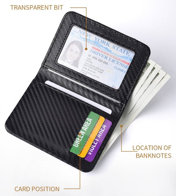 Black Sleek Carbon Fiber Vertical Wallet for Men - Slim Bifold Card Holder with Clear ID Window - RnR Galore