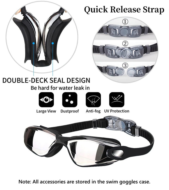 Black Swim Goggles Set with Cap, Nose Clip, Earplugs & Case: Anti - Fog UV Protection for Men & Women - RnR Galore