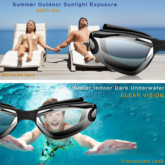 Black Swim Goggles Set with Cap, Nose Clip, Earplugs & Case: Anti - Fog UV Protection for Men & Women - RnR Galore