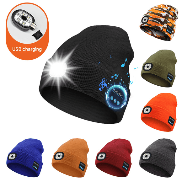 Black Wireless Bluetooth Beanie Hat with USB Rechargeable LED Headlight - Unisex Knit Cap for Running & Camping - RnR Galore