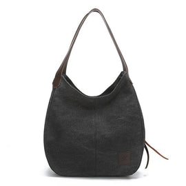 Black Women's Canvas Hobo Handbag Multi - Compartment Shoulder Tote Bag Minimalist Casual Purse 30cm for Work Shopping & Travel - RnR Galore