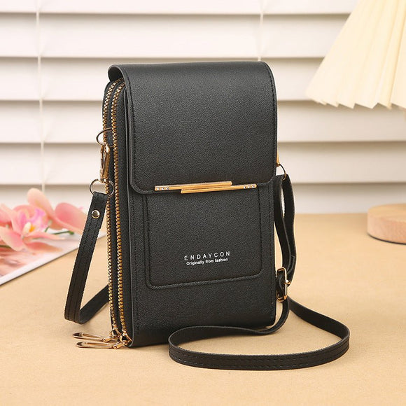 Black Women's Cute Mini PU Leather Crossbody Phone Bag (19x12x4cm) - Touch Screen Window, Vertical Style - RnR Galore
