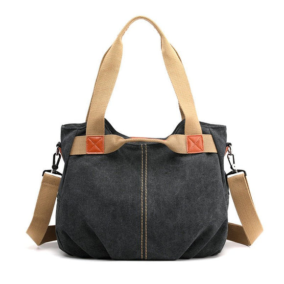 Black Women's Retro Canvas Tote Bag Large Capacity Shoulder Handbag Adjustable Crossbody Strap 35cm for Travel Work & Daily Use - RnR Galore