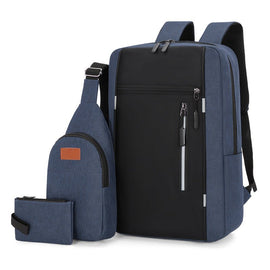 Blue 3 Piece Mens Backpack Set with Sling Bag and Pouch USB Charging Port Large Capacity Laptop Daypack Water Resistant Business Travel School Bag - RnR Galore