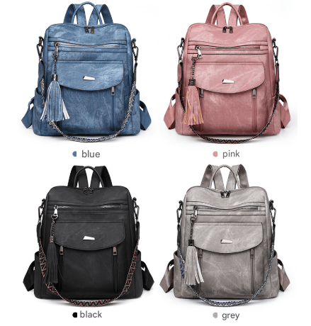 Blue Chic Women's PU Leather Convertible Backpack - Anti - Theft Design, Multi - Pocket Shoulder Bag with Tassel - RnR Galore