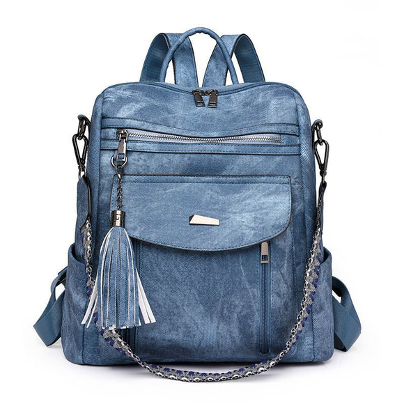Blue Chic Women's PU Leather Convertible Backpack - Anti - Theft Design, Multi - Pocket Shoulder Bag with Tassel - RnR Galore