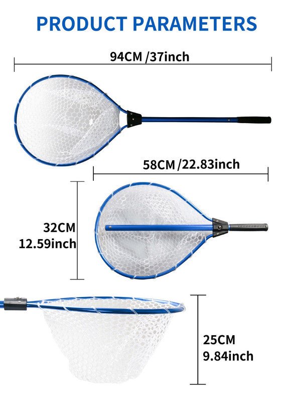 Blue High Strength Large Landing Net - Fishing Net with Long Foldable Handle and Soft Rubber Netting, Dip Net for Fishing, Ideal for Boat, Pier, River Angling - RnR Galore