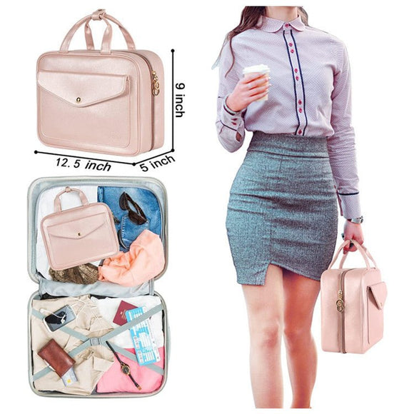 Blue Portable Large Hanging Womens' Luxury PU Leather Cosmetic Bag - Waterproof Travel Toiletry Organizer , Easy Visibility & Durable - RnR Galore