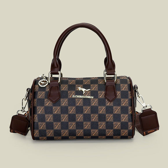 Brown checkered pattern Stylish PU Leather Boston Bag - Elegant Retro Single Shoulder Crossbody Handbag for Women - RnR Galore