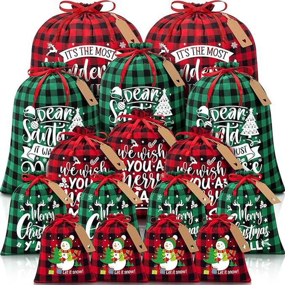 Brown Christmas Gift Drawstring Bags Set - Festive Burlap Style Pouches for Candy & Apples - Holiday Decoration - 10 Pcs - RnR Galore