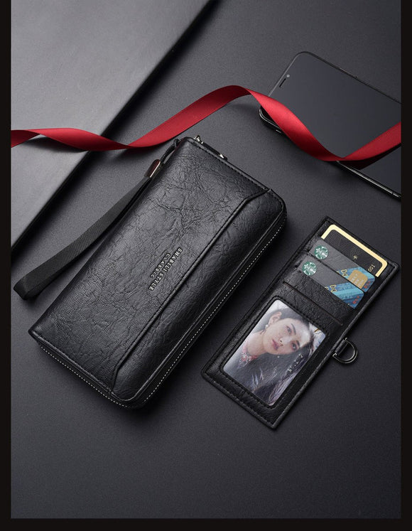 Brown Classic Long Zipper Wallet Clutch - Large Capacity PU Leather Phone & Card Holder with Wrist Strap - RnR Galore