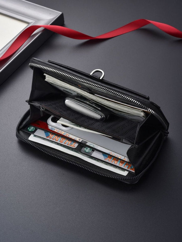 Brown Classic Long Zipper Wallet Clutch - Large Capacity PU Leather Phone & Card Holder with Wrist Strap - RnR Galore
