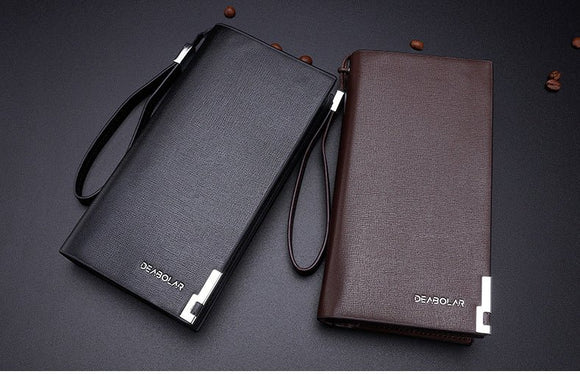 Brown Men's Business Casual Long Wallet Clutch - PU Leather Large Capacity Phone & Card Holder with Wrist Strap - RnR Galore